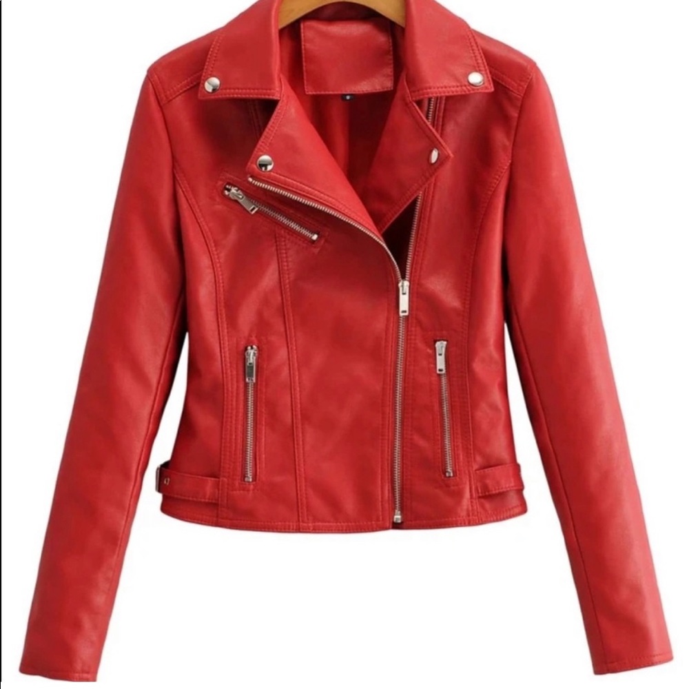Red biker moto Vegan leather Zipper jacket motorcycle Glam sleeve